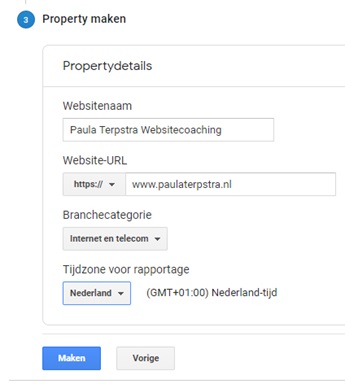 Maak een property aan in Google Analytics en vul hier alle gegevens in