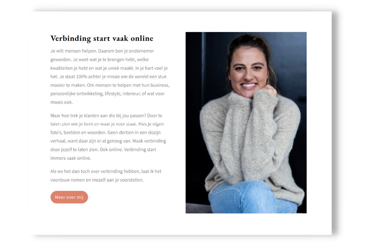 Voorbeeld 'Over mij' sectie op homepage Paula Terpstra