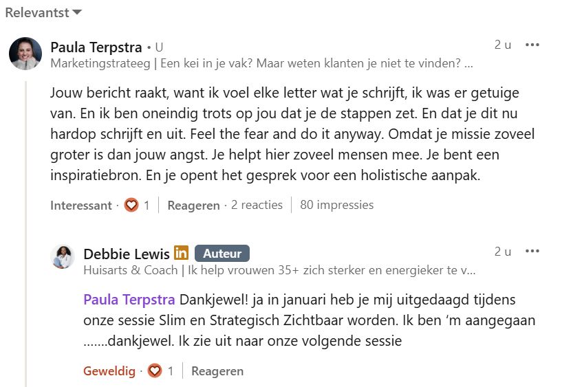 Linkedin reactie Debbie post Slim en Strategisch Zichtbaar Paula Terpstra